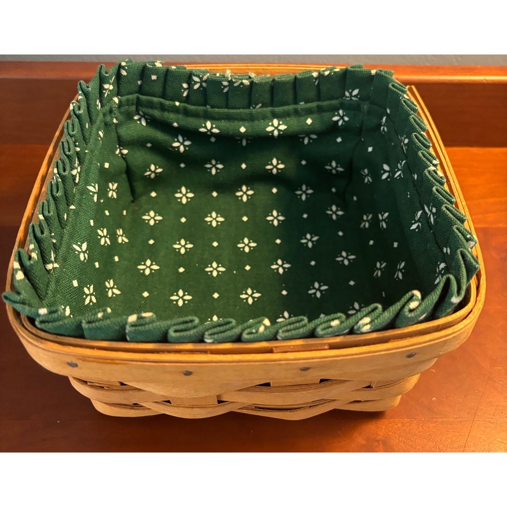 Longaberger Square Handwoven Basket 1998 Green Floral Liner Dresden Ohio USA